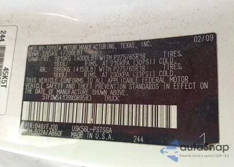 2009 Toyota Tundra Sr5 5.7L V8 z USA, uszkodzony, nr VIN 5TFDW54139X089583